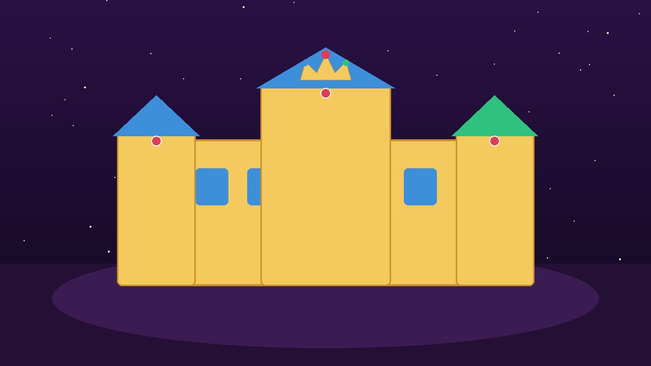 Cartoon jewelled palace with a crown on the tallest tower